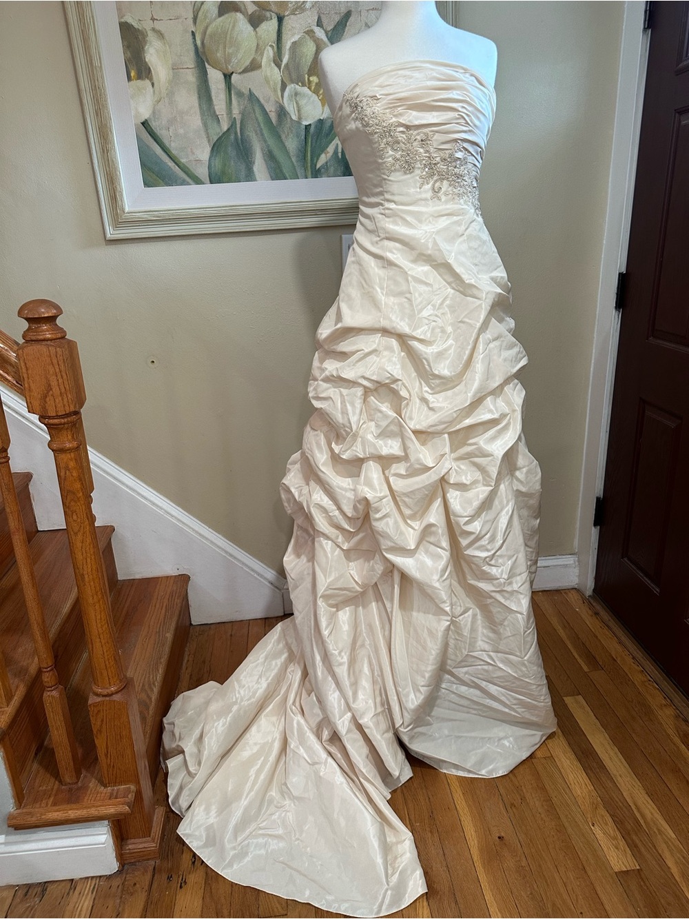 Davids Bridal Ivory Champagne Ruched lace Strapless Wedding Dress Sz 8 - Picture 7 of 16